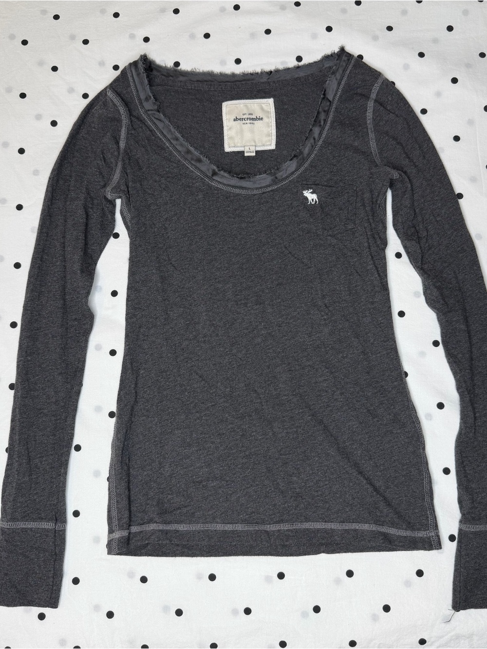 RARE Y2K Vintage Abercrombie & Fitch Women's Charcoal Long-Sleeve Scoop Neck Top
